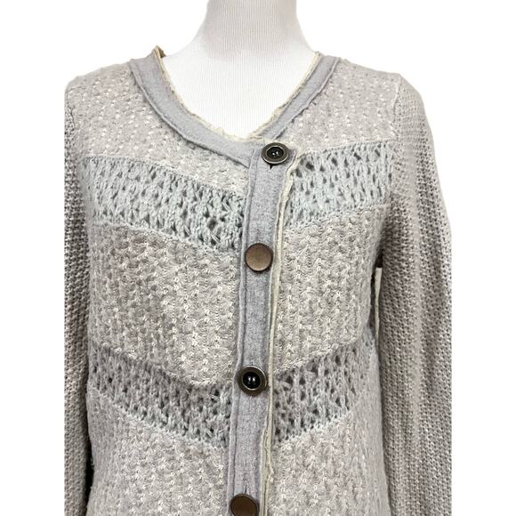 Free People Gray Cardigan Sweater Crochet Stripe Crossover Button Up Women’s L - Picture 3 of 11